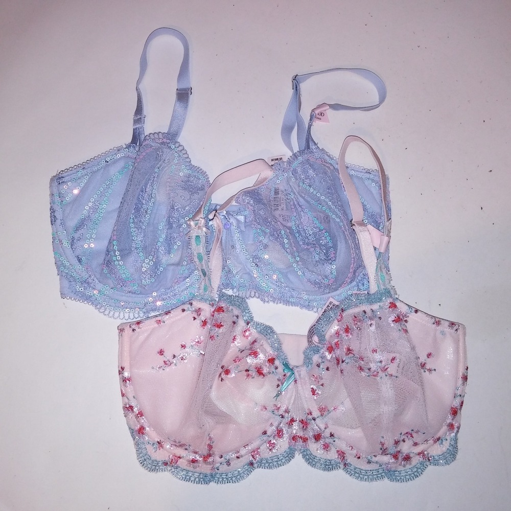Victoria Secret Bra Set of 2 32DDD Push Up Without Padding Blue White Sequin